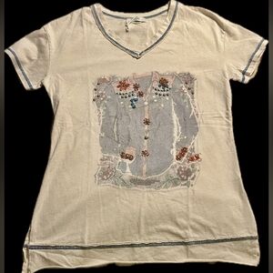 Delia*s Cream and Blue Knit Top Boho Western V-neck With Embroied Beadwork